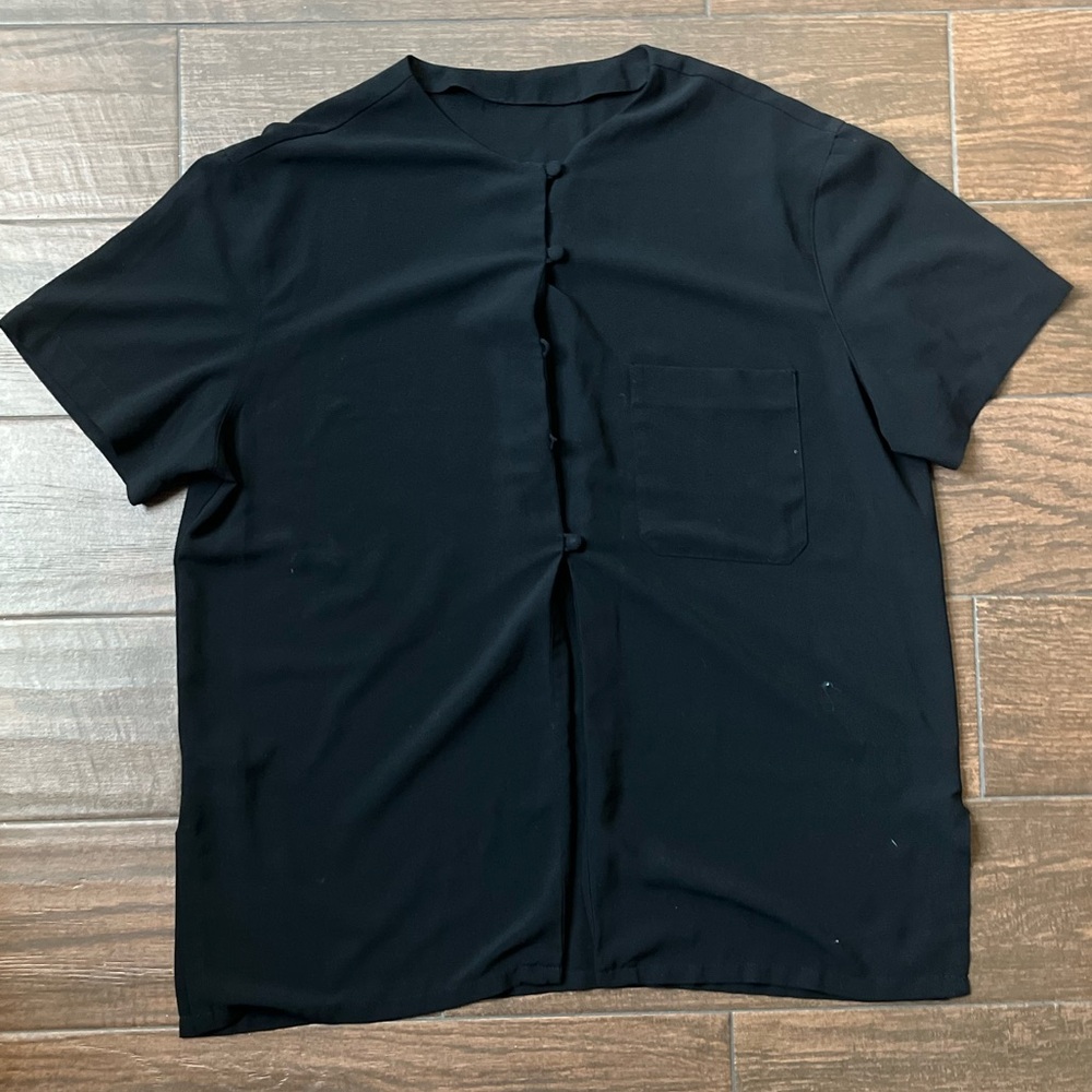 Black button up no collar blouse